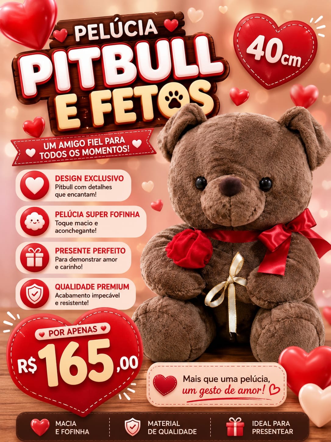 Pelúcia Pitbull Fetos e Fofo
