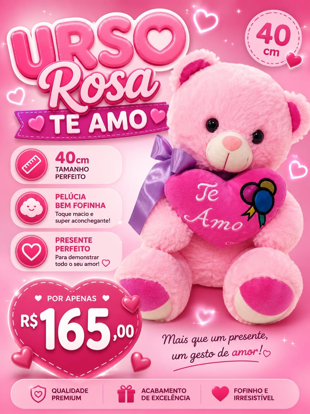 Urso Te Amo Rosa G